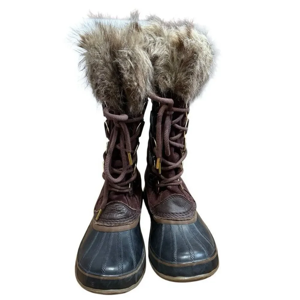 Sorel Waterproof Fur Trim Knee High Snow Boots Brown US 9